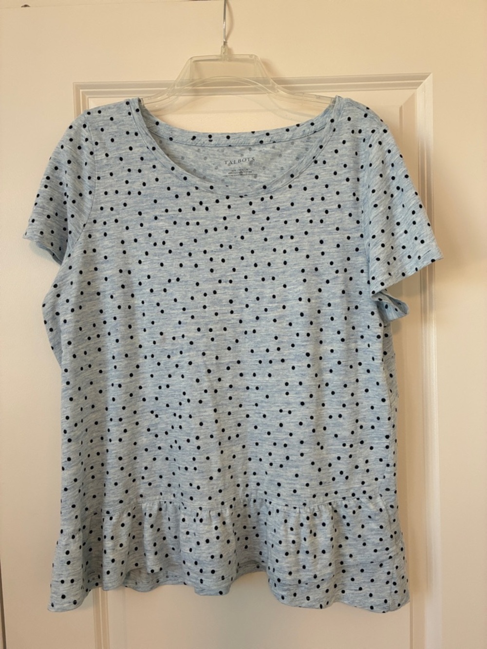 Talbots Light Blue Polka Dot Ruffle-Hem Short Sleeve Tee